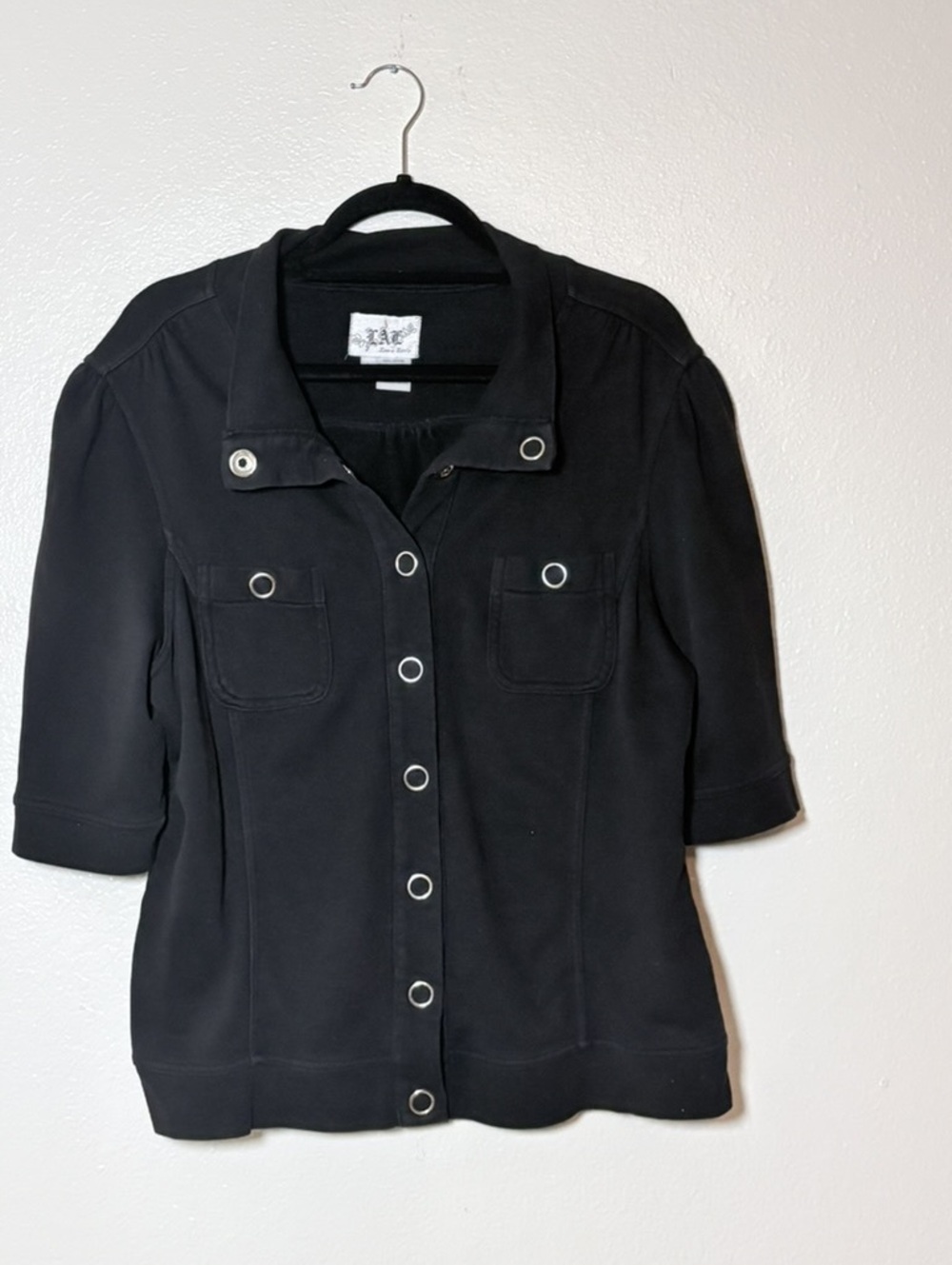Live a Little Black Snap Front Jacket Top L 3/4 Sleeve Stretch Career Casual